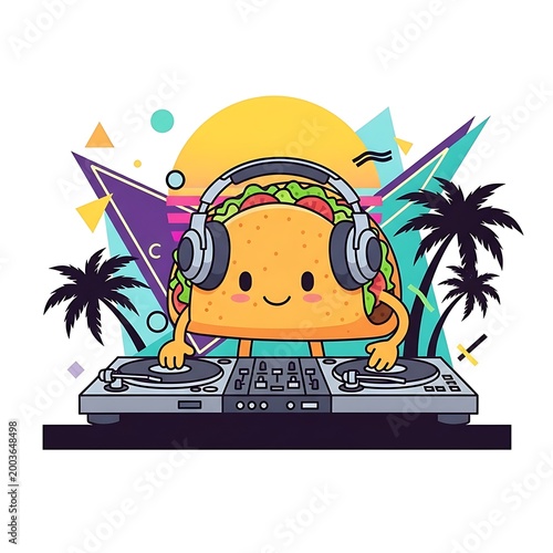 A cartoon taco with a smiley face is DJ-ing. Palm trees and a sunset are in the background, with abstract shapes
