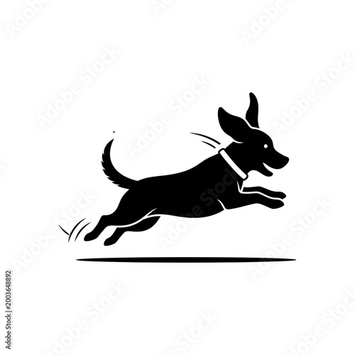 A cheerful black silhouette of a playful dog with floppy ears actively jumping or running mid-air, conveying energy and joy.