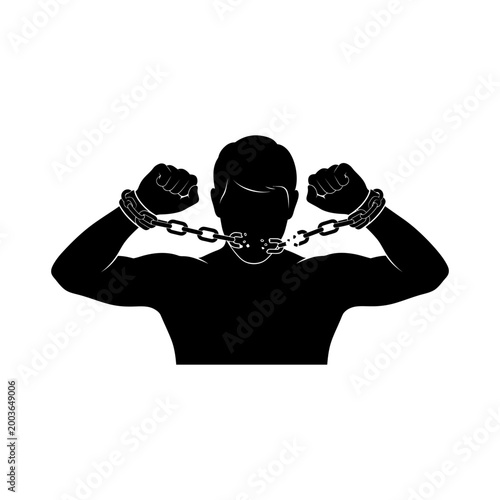 A powerful black silhouette of a man with his hands in raised fists and his mouth gagged by chains, symbolizing suppression, bondage, or protest.