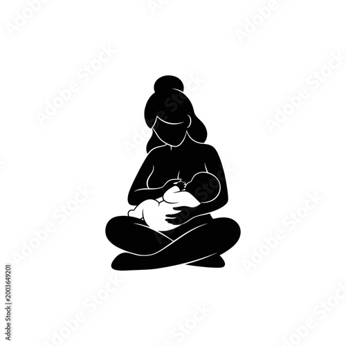 A tender black silhouette of a mother cradling and breastfeeding her baby comfortably while sitting cross-legged, symbolizing maternal care and peaceful bonding.
