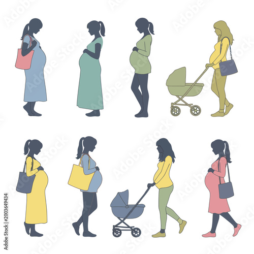 Pregnant Women Walking With Strollers.