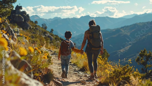 Father and Son Hiking Together on a Mountain Trail.