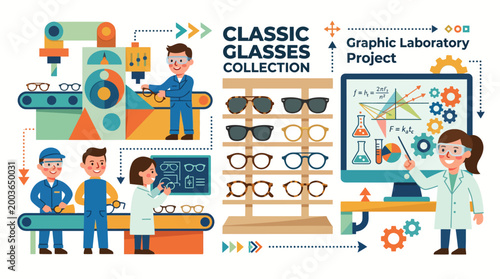 Optical laboratory infographic showing a glasses collection, physical equations, and assembly, vector illustration.