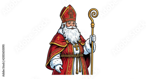 Billede på lærred Saint Nicholas wearing red bishop robes and holding a staff, winking