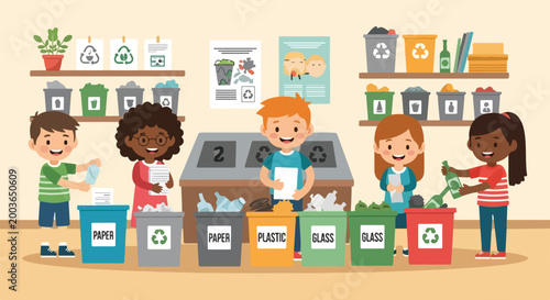This educational vector illustration depicts five diverse children happily sorting paper, plastic, and glass into color-coded recycling bins.