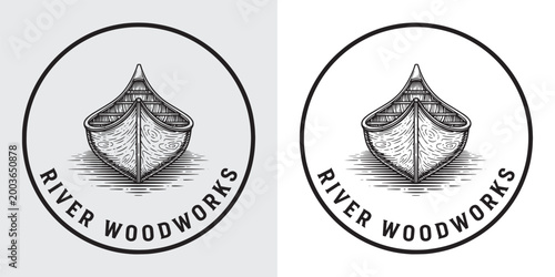 Hand Drawn Wooden Canoe Boat Logo for River Woodworks Carpentry