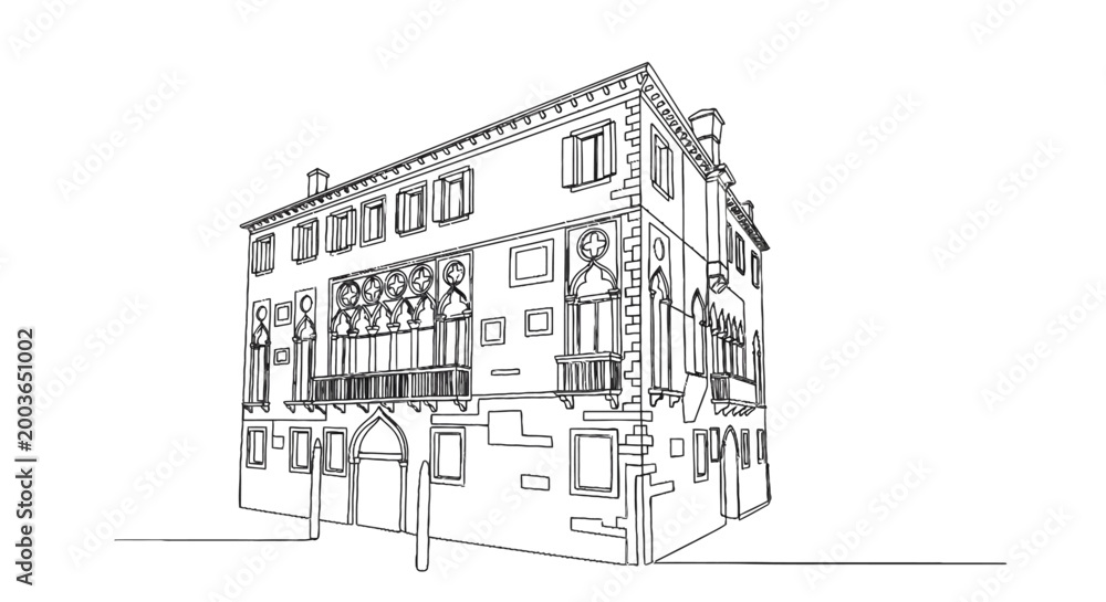 Obraz premium Architectural sketch of an ornate historic building featuring detailed windows and a corner perspective capturing classic