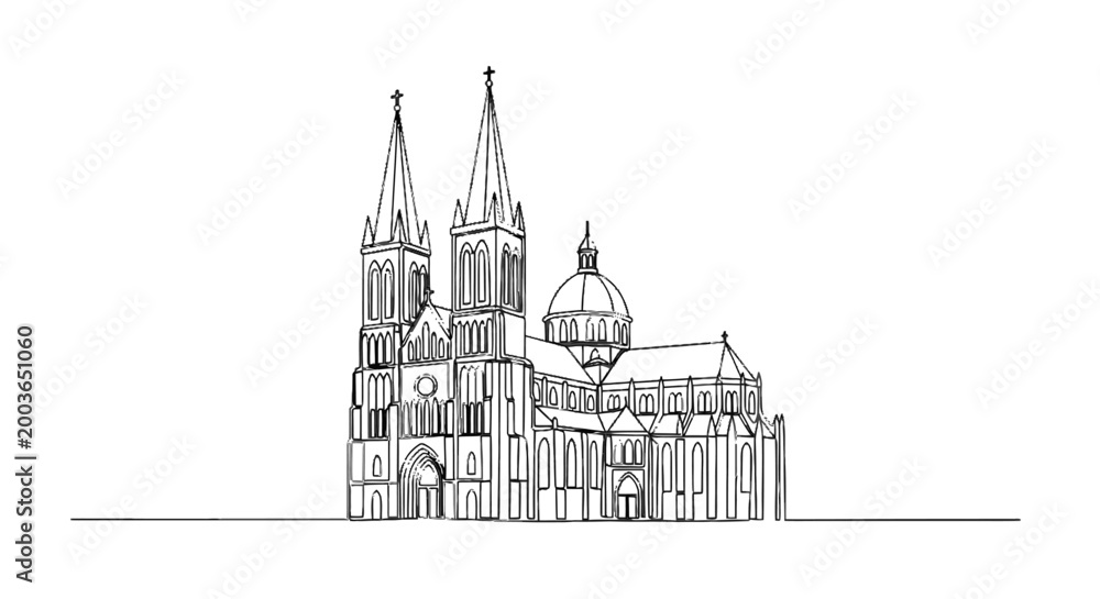 Obraz premium Minimalistic Line Drawing of a Gothic Cathedral with Towering Spires and Dome
