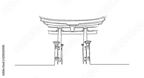 Detailed black and white line drawing of traditional Japanese torii gate with intricate architectural features and elegant
