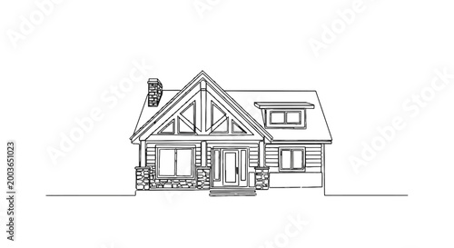 Charming crafted sketch of a cozy residential house featuring detailed architectural elements and a classic chimney design