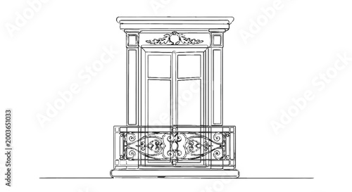 Ornate vintage window with intricate iron balcony and classical decorative frame