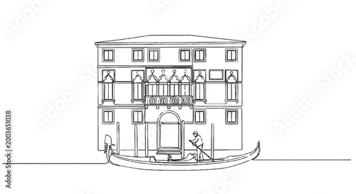 architectural illustration of a classical building with ornate balconies and a gondola in front capturing historic city scenery
