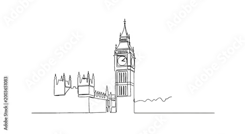 Minimalist Black and White Line Drawing of iconic London landmarks including Big Ben and the Houses of Parliament illuminated in