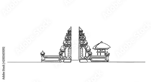 Minimalist line drawing of traditional Southeast Asian temple gateways with monument and pavilion structures in black and white
