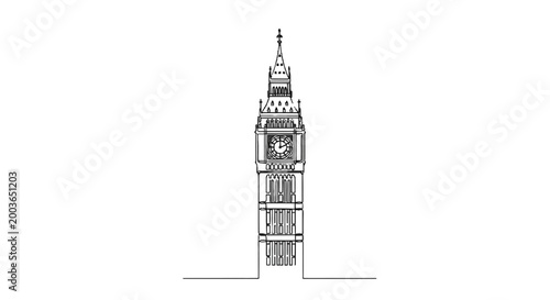 Minimalist Line Drawing of Big Ben Tower with Clear Architectural Details and Elegant Structure in Black and White Style
