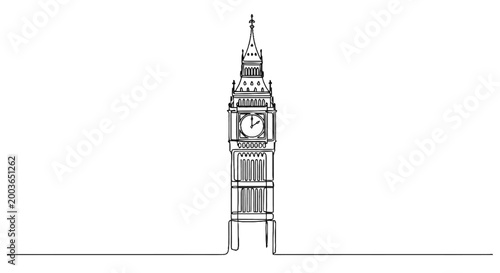Elegant Line Drawing of Big Ben Tower with Detailed Clock and Gothic Architecture in Minimalist Art Style