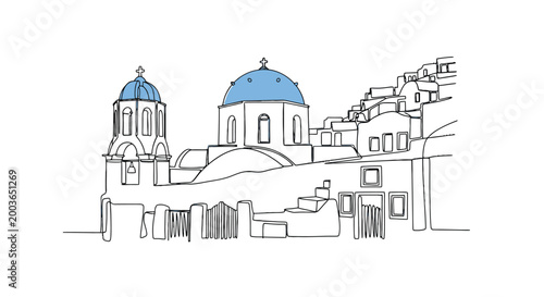 Minimalist line drawing of Greek island architecture with blue domes and hillside homes