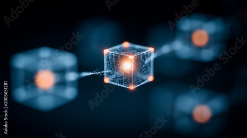 Digital cube with binary code connected to network blocks illustrating blockchain technology and decentralized data systems.
