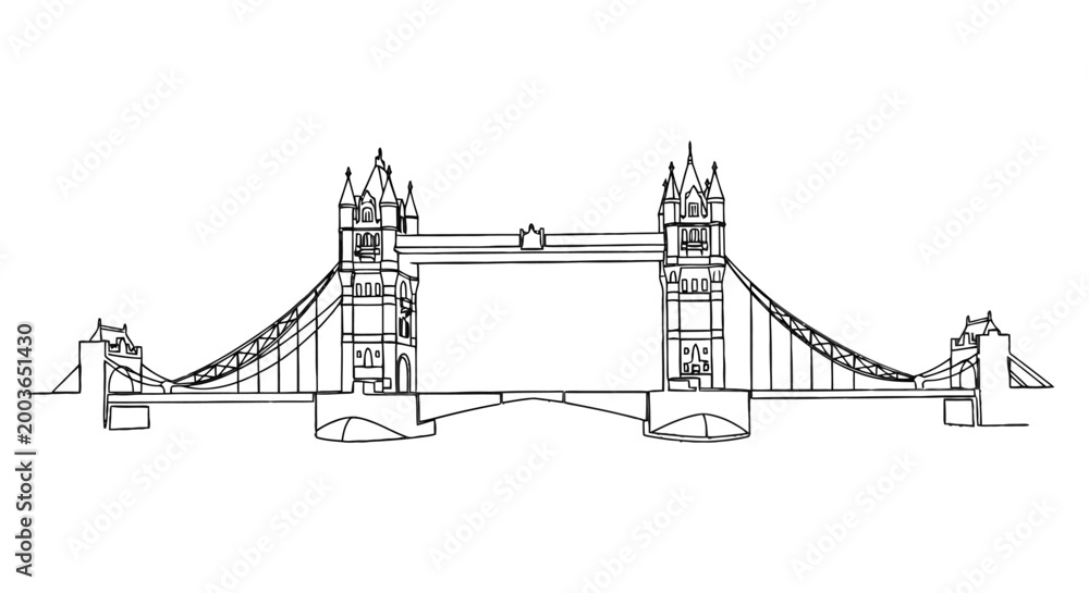 Obraz premium Elegant black and white line drawing of a famous iconic suspension bridge with detailed towers and cables