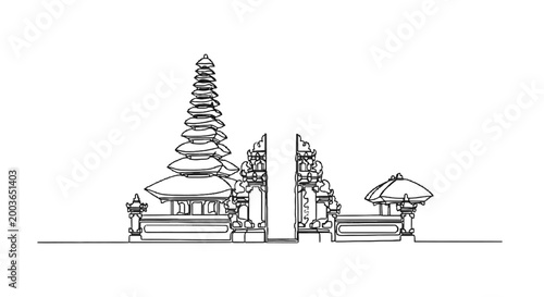 Minimalist line drawing of a traditional Balinese temple gateway with pagoda-style towers and ornate structures illustrating