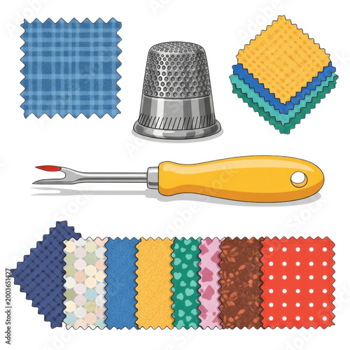 Colorful Sewing Fabric Swatches with Thimble and Seam Ripper on Transparent Background