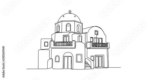 Elegant line drawing of a traditional Greek Orthodox church with a central dome and surrounding architectural elements in
