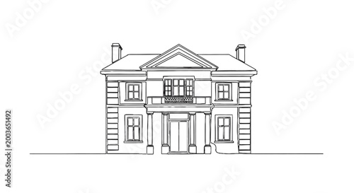 Detailed architectural sketch of a classical two-story residential building showcasing symmetrical design and traditional elements