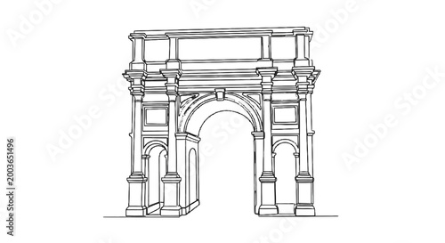 Architectural Sketch of a Classic Roman Triumph Arch with Ornate Details and Symmetrical Design for Historical Landmark