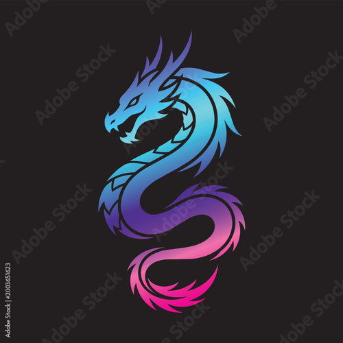 Modern Dragon Logo with Vibrant Blue and Purple Gradient, Stylized Mythical Creature Vector for Gaming and Esports, Isolated on Black.