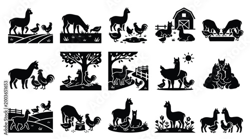 Collection of stylized black and white farm animal silhouettes, featuring llamas, alpacas, chickens, and roosters in various pastoral scenes.