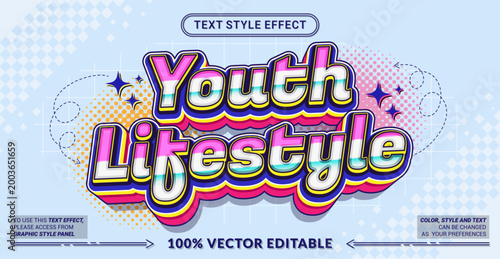 Editable youth lifestyle text effect with modern trendy style, bold layers, and vibrant colors. Perfect for fashion, social media, events, and urban branding themes.