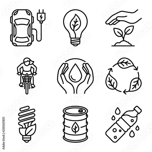 Eco friendly living and sustainable lifestyle line icons with sustainable lifestyle environment recycling electric