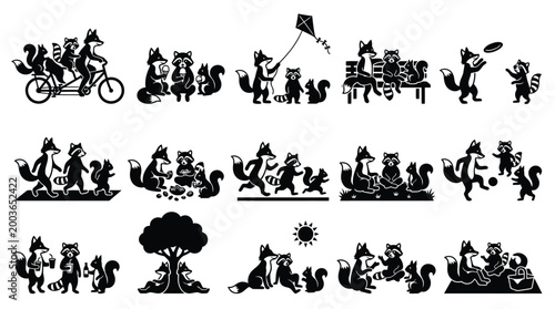 A charming collection of black and white illustrations depicting anthropomorphic foxes and raccoons enjoying various outdoor activities and leisure pursuits in a whimsical forest setting.