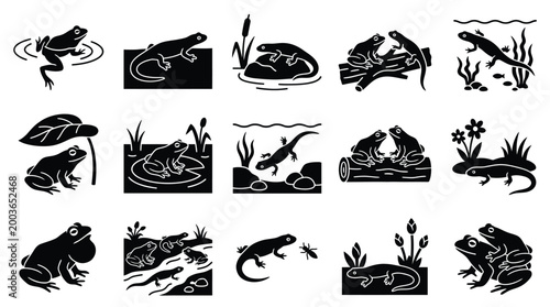 Collection of black and white silhouette icons depicting various amphibians and reptiles in their natural habitats, showcasing diverse behaviors and environments.
