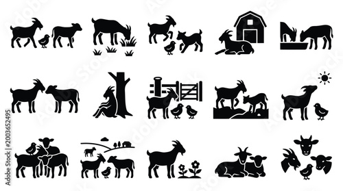 Collection of black and white silhouette icons depicting various farm animals, including goats and chickens, in different settings and activities.