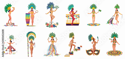 Collection of Brazilian Carnival dancers in vibrant costumes with peacock feathers and musical instruments for Rio de Janeiro parade celebrations.