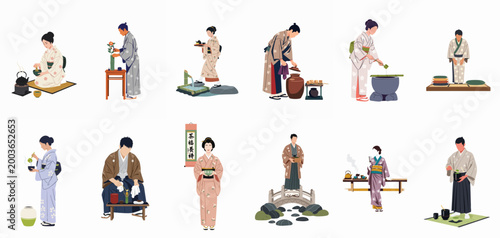 Flat vector collection of Japanese men and women in traditional kimono performing various tea ceremony rituals and cultural activities on a white background.