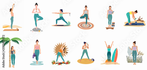 Collection of diverse women practicing yoga and wellness activities in serene beach and nature-inspired settings, flat vector illustration set.