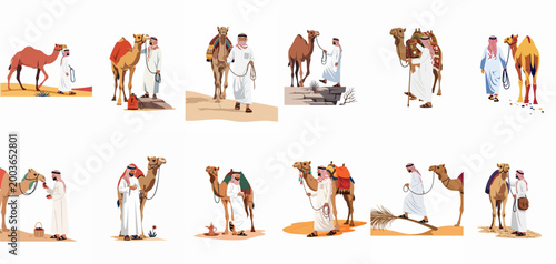 Collection of Flat Vector Illustrations of Arab Men in Traditional Clothing with Camels in Desert Settings