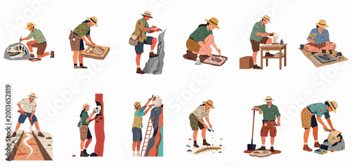 Collection of diverse paleontologists and archaeologists working at excavation sites, cleaning and studying various dinosaur fossils, skeletons, and ancient artifacts.