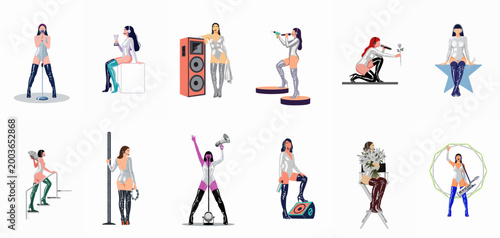 Set of female pop diva characters in silver outfits performing on stage with various musical props and microphones in a flat vector style.