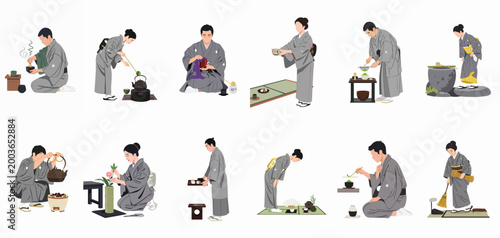 Vector illustrations of Japanese men and women in formal kimonos performing traditional tea ceremony rituals and related cultural practices.