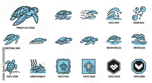 Collection of various sea turtle illustrations and icons depicting different movements and poses in a blue and black line art style.