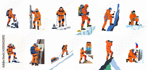 Set of flat vector illustrations depicting various mountain climbing activities, high-altitude expeditions, and mountaineering equipment in extreme snowy environments.