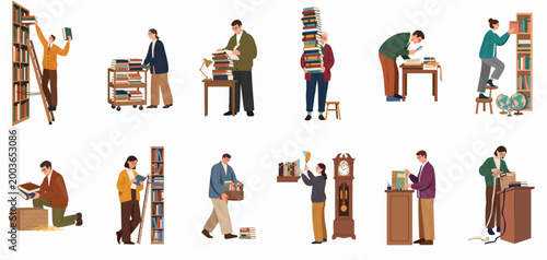 Set of diverse people in a library, reading, organizing bookshelves, and managing archival documents in a flat vector style.