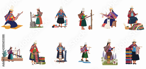 Illustrations of Peruvian Andean women in traditional dress engaged in various stages of weaving, spinning, and textile craft on a white background.
