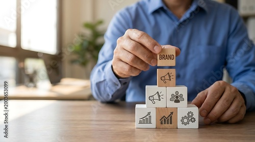 Building a strong brand identity is key to business success, represented by stacking wooden blocks with icons for marketing, teams, growth, and strategy.