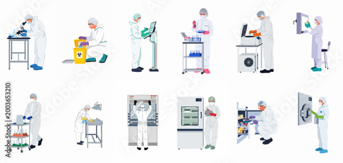 Set of Laboratory Technicians in Protective Suits Performing Various Scientific Research and Testing Tasks