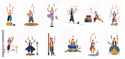 Collection of flat vector illustrations featuring male fire jugglers and street performers in various circus acts, wearing traditional colorful costumes on white background.