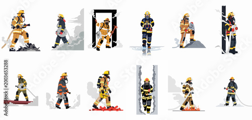Flat illustration set of firefighters in protective gear performing rescue operations and extinguishing fires with hoses and axes in smoky environments.